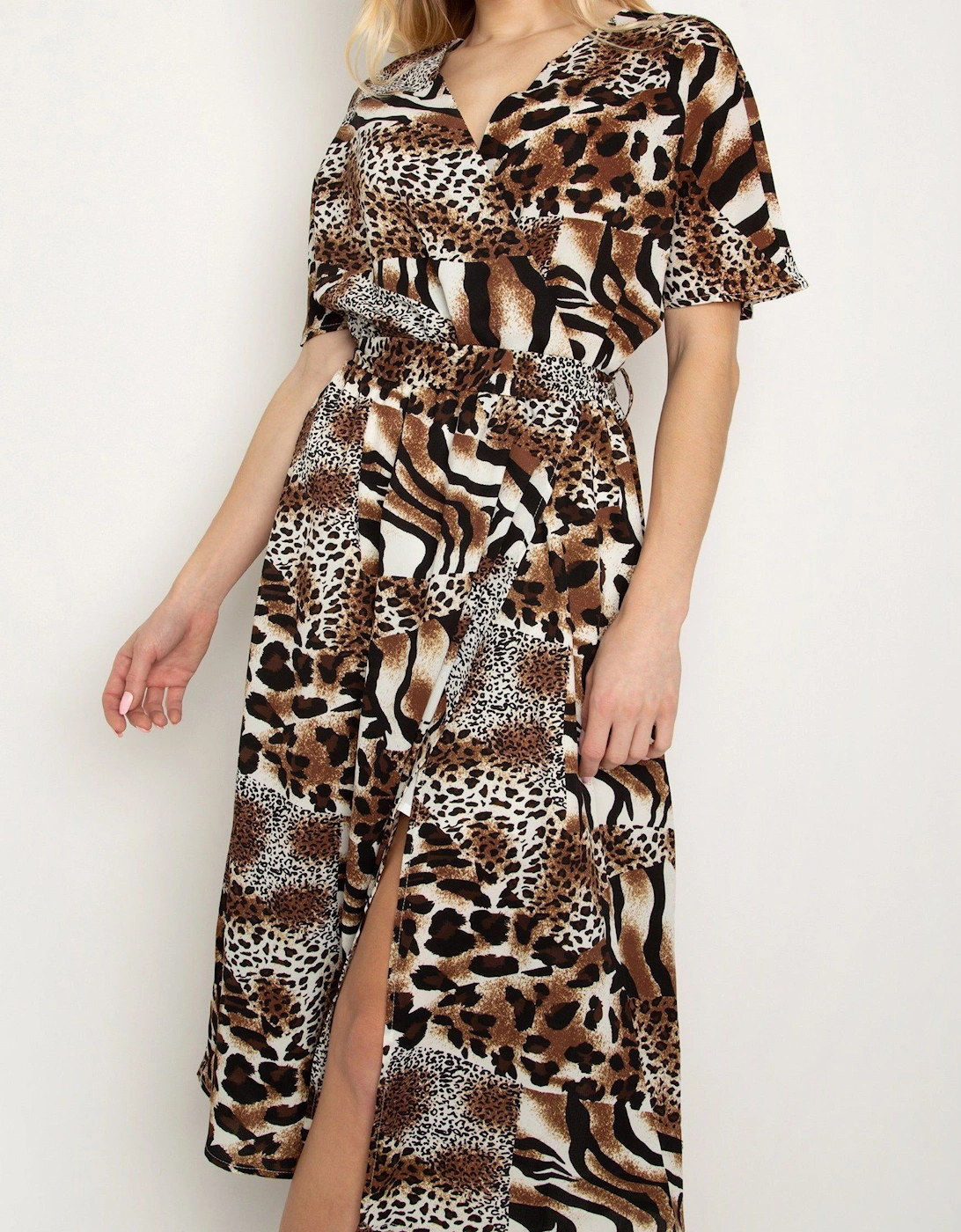 Brown Black V Neck Animal Print Midi Dress, 2 of 1