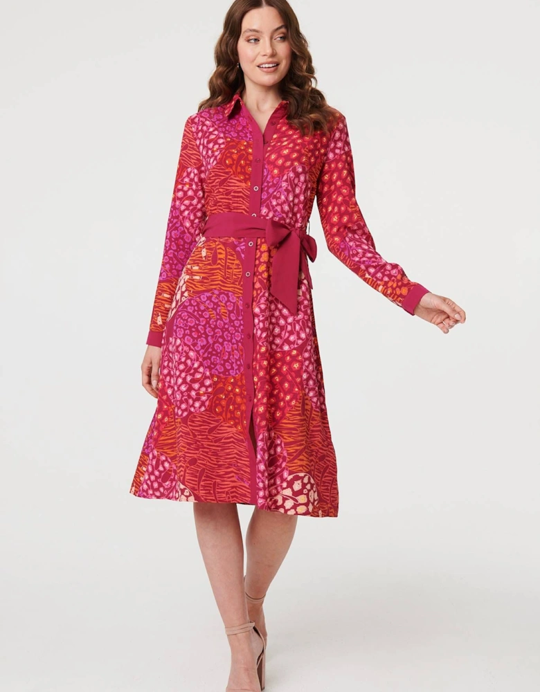 Printed Long Sleeve Collared Midi Dress
