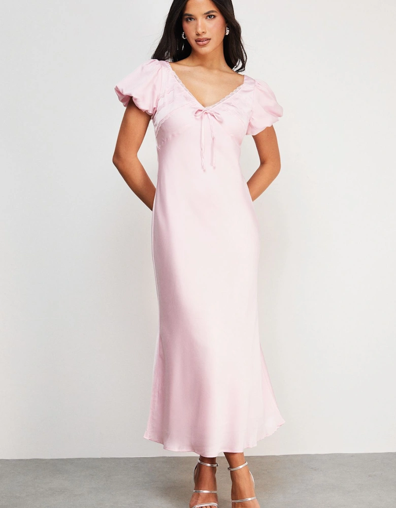 Satin Lace Insert Puff Sleeve Midi Tea Dress