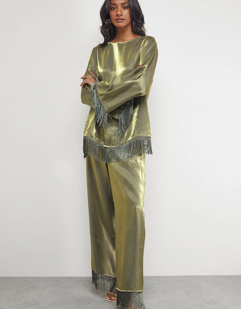 Satin Fringe Hem High Waisted Trouser