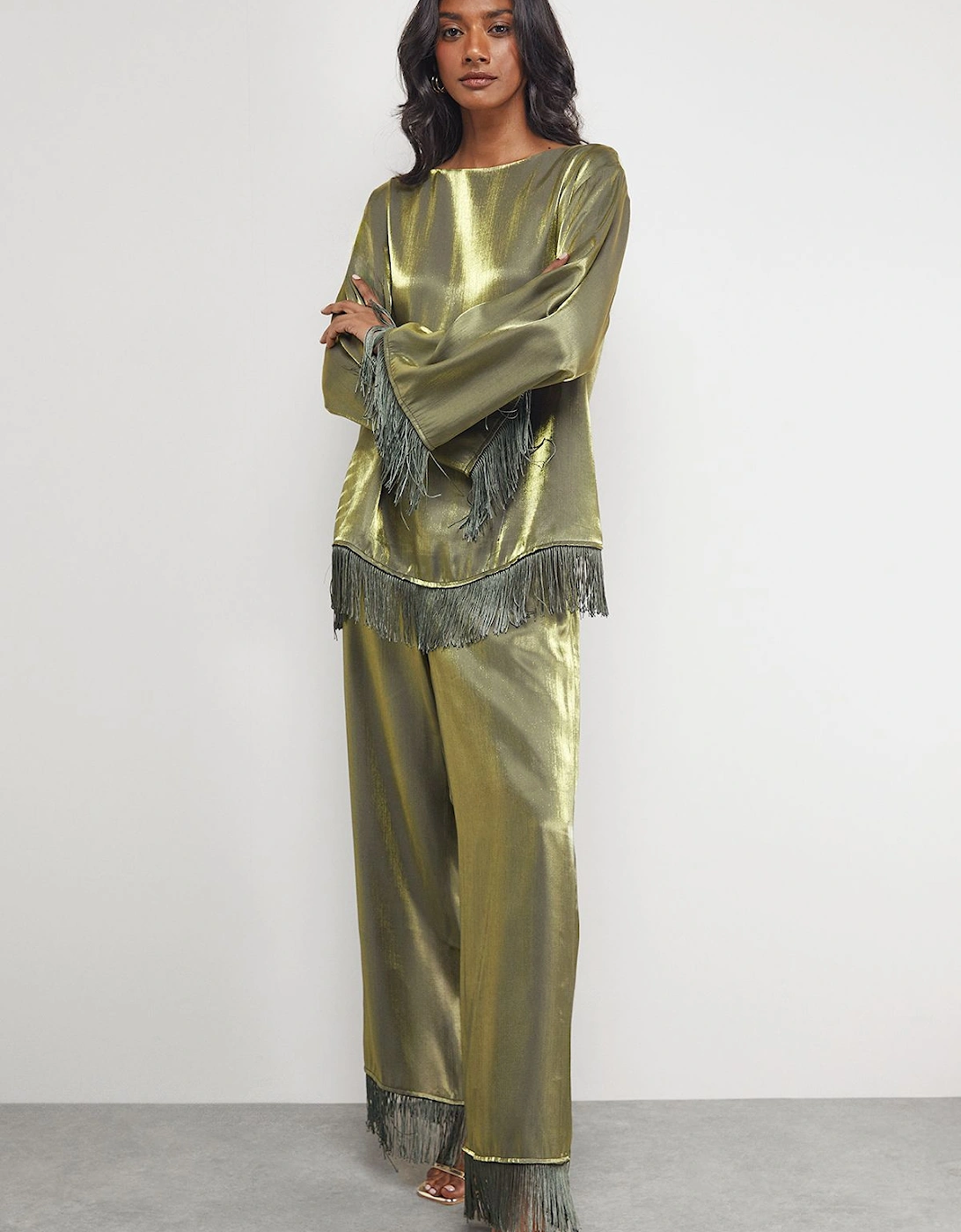 Satin Fringe Hem High Waisted Trouser, 2 of 1