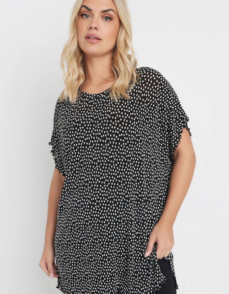 Polka Dot Print Plisse T-Shirt