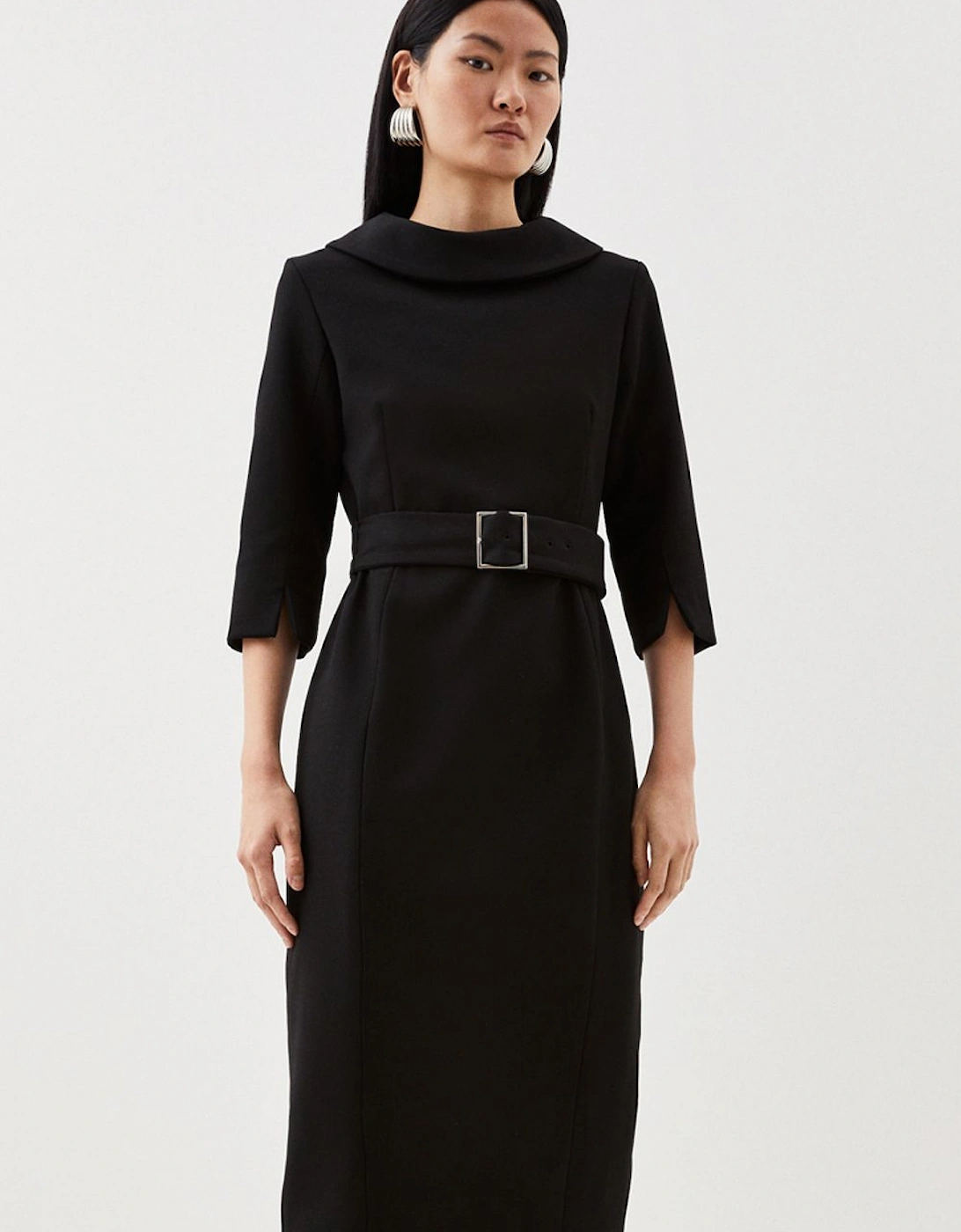 Petite Tailored Structured Crepe Roll Neck Pencil Midi Dress, 2 of 1