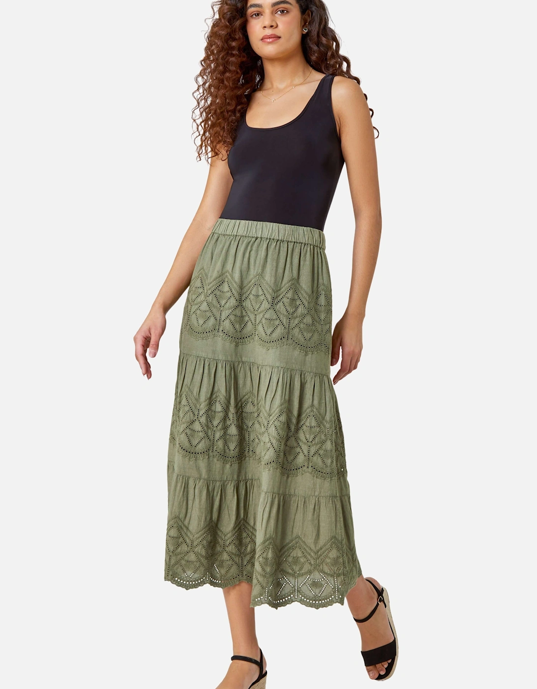 Broderie Elastic Waist A Line Tiered Midi Skirt, 2 of 1