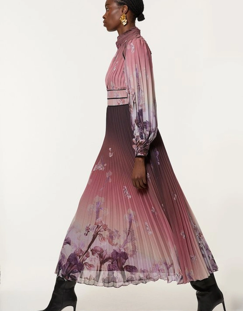 Tall Crinkle Pleat Border Floral Button Front Woven Maxi Dress