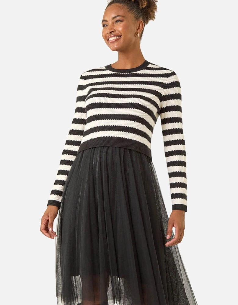 Stripe Print Mesh Midi Dress
