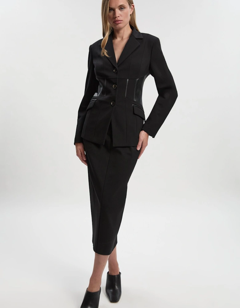 Ponte And Pu Mix Waist Seam Detail Tailored Single Breasted Blazer