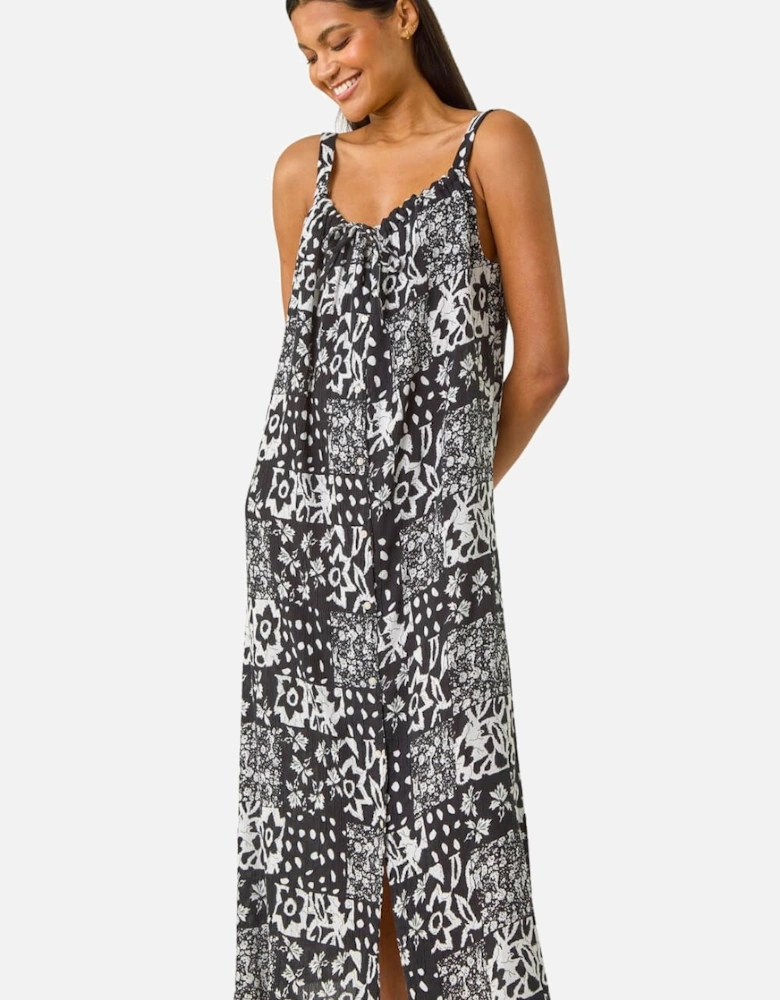 Abstract Gathered Strappy Midi Dress