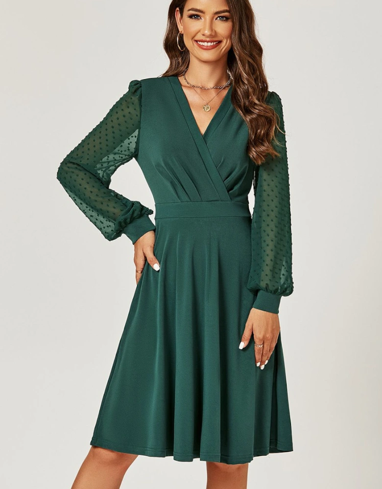 Long Chiffon Sleeve Pleated Midi Dress In Dark Green