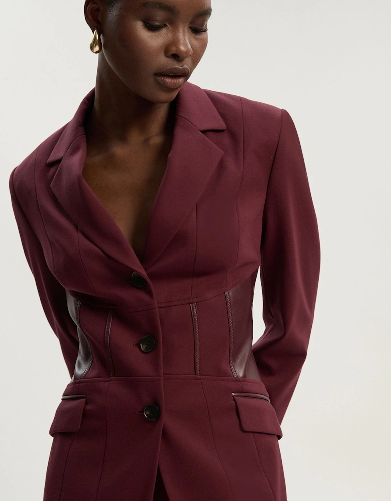 Ponte And Pu Mix Waist Seam Detail Tailored Single Breasted Blazer