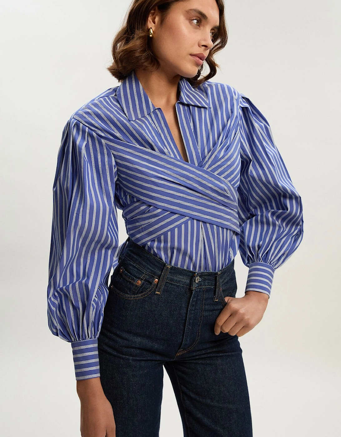 Stripe Cotton Poplin Drama Sleeve Woven Wrap Detail Blouse, 2 of 1