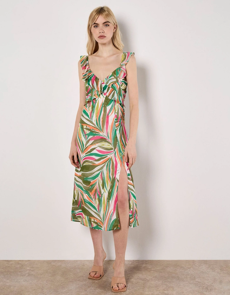 Palm Print Ruffle Midi Dress