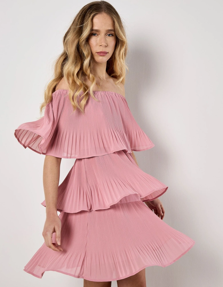 Plisse Tiered Bardot Mini Dress