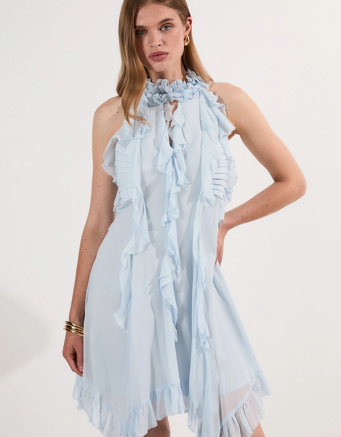 Viscose Georgette Ruffle Halter Neck Woven Top Mini Dress, 2 of 1