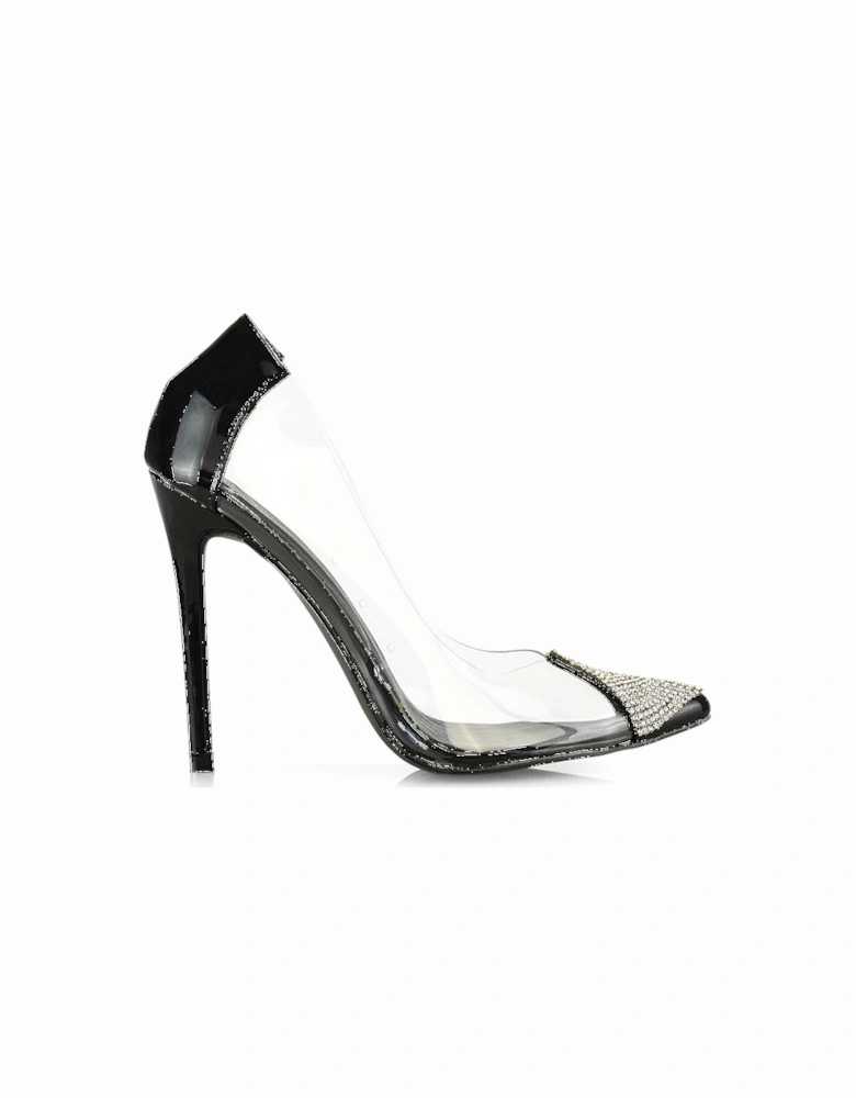 'Kaz' Pointed Toe Perspex Stiletto Court Heel Shoes With Diamante Detail
