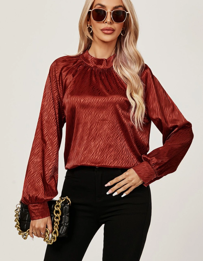 High Neck Back Cut Detail Satin Blouse Top