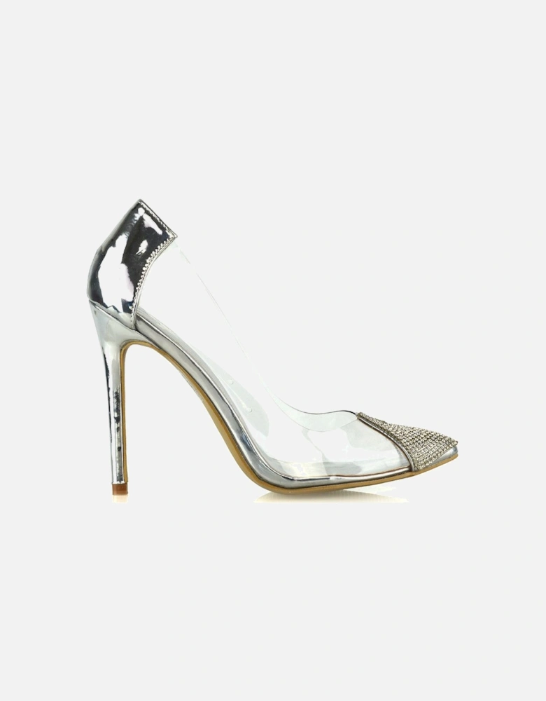 'Kaz' Pointed Toe Perspex Stiletto Court Heel Shoes With Diamante Detail