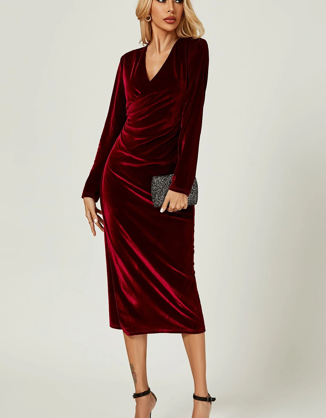 Velvet Wrap Style Long Sleeve Midi Dress In Wine, 2 of 1