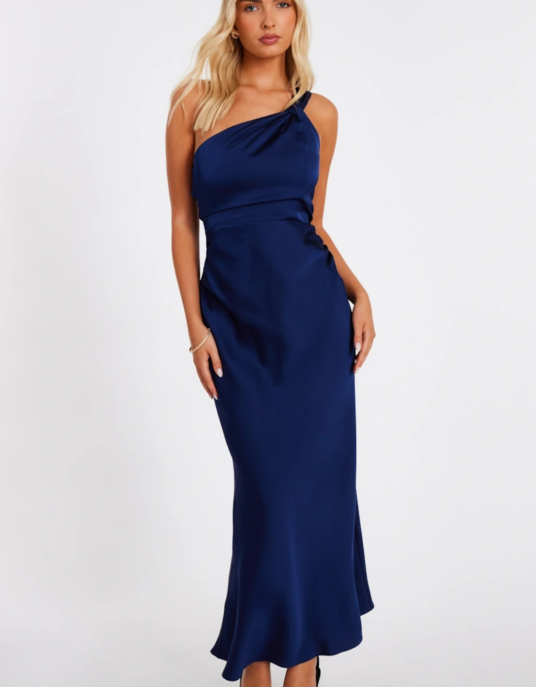 Navy Satin One Shoulder Midaxi Dress