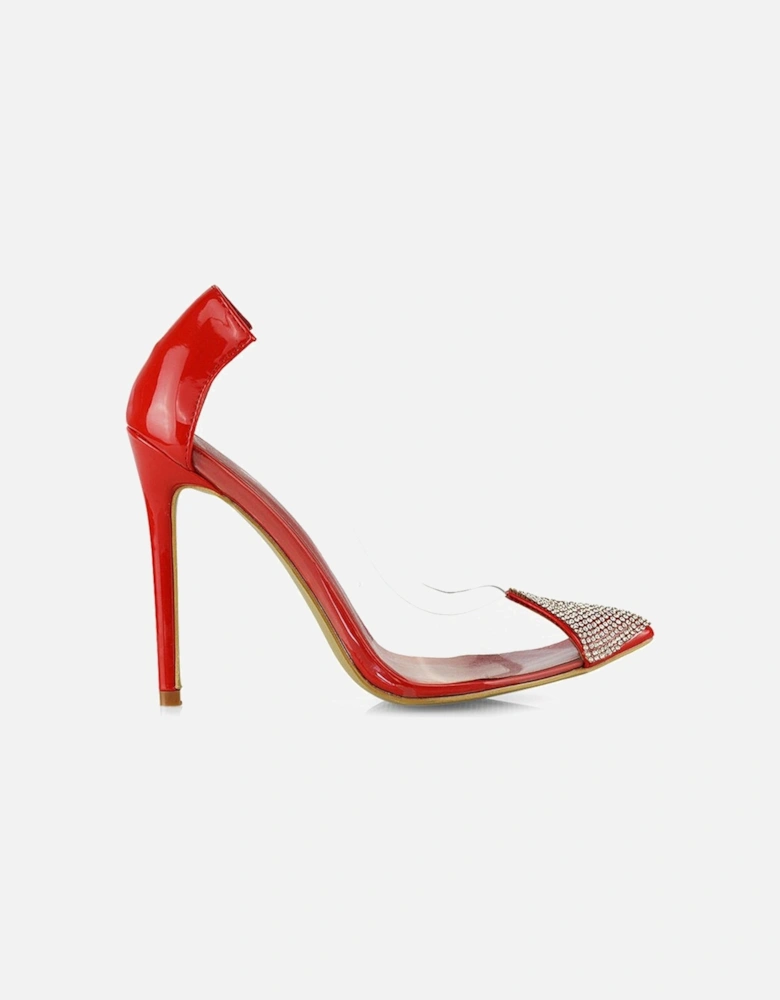 'Kaz' Pointed Toe Perspex Stiletto Court Heel Shoes With Diamante Detail