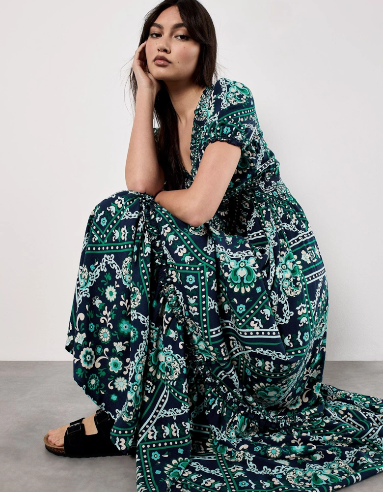 Scarf Print Smocked Maxi Dress