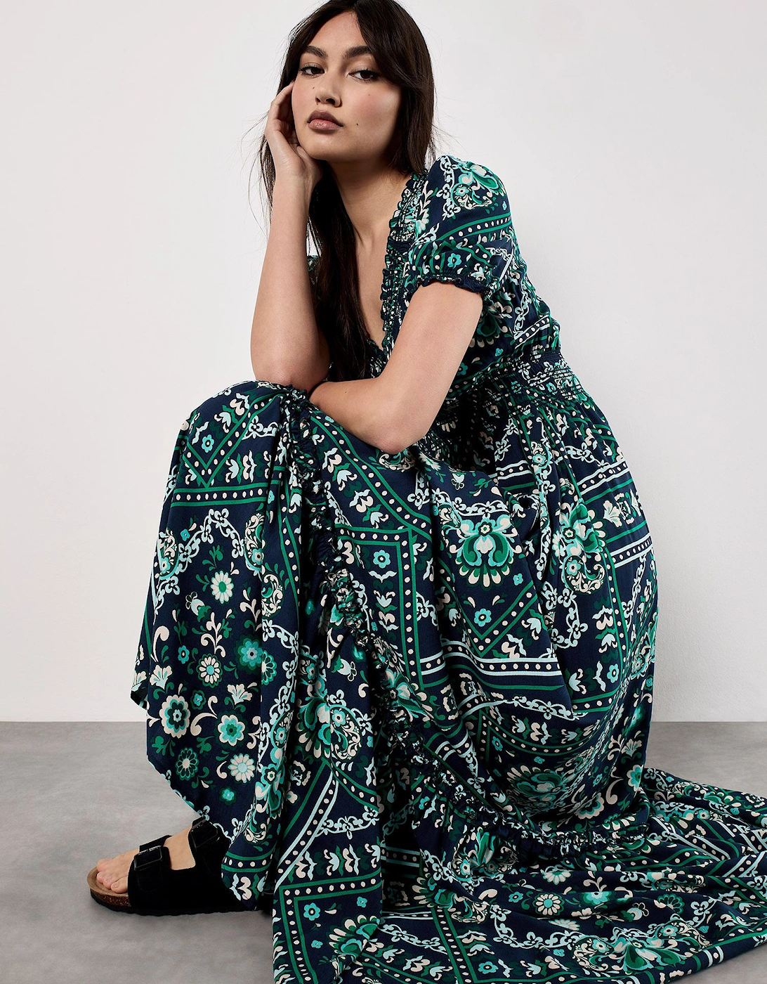 Scarf Print Smocked Maxi Dress, 2 of 1
