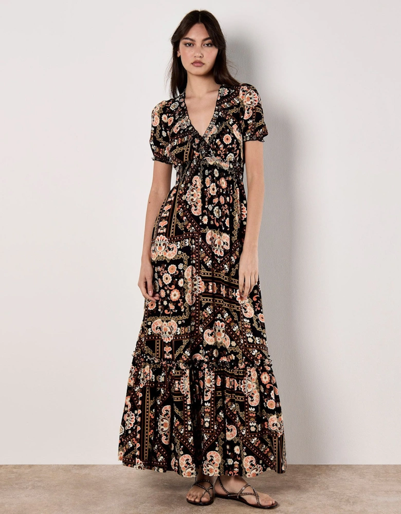 Scarf Print Smocked Maxi Dress