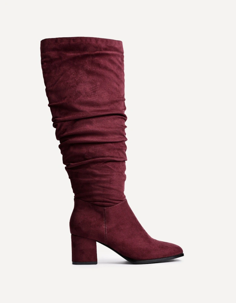Margot Burgundy Faux Suede Knee High Block Heeled Ruched Boot