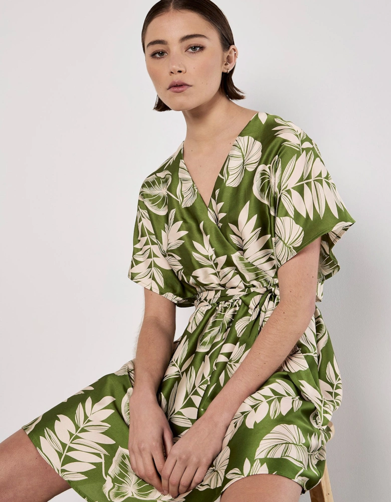 Tropical Leaf Print Satin Mini Dress