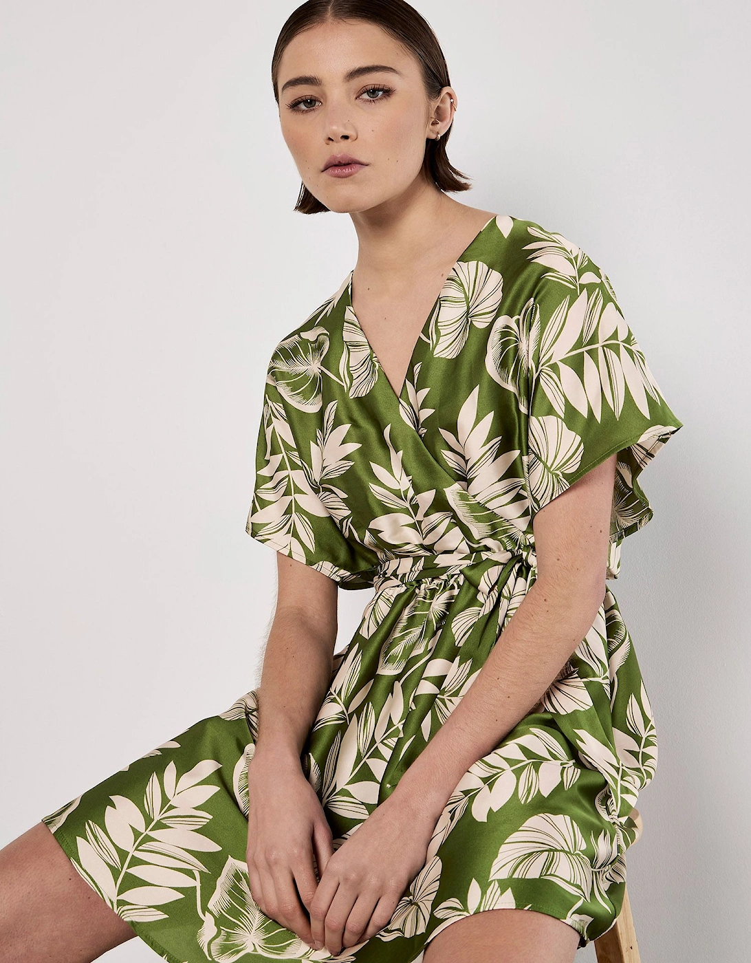 Tropical Leaf Print Satin Mini Dress, 2 of 1