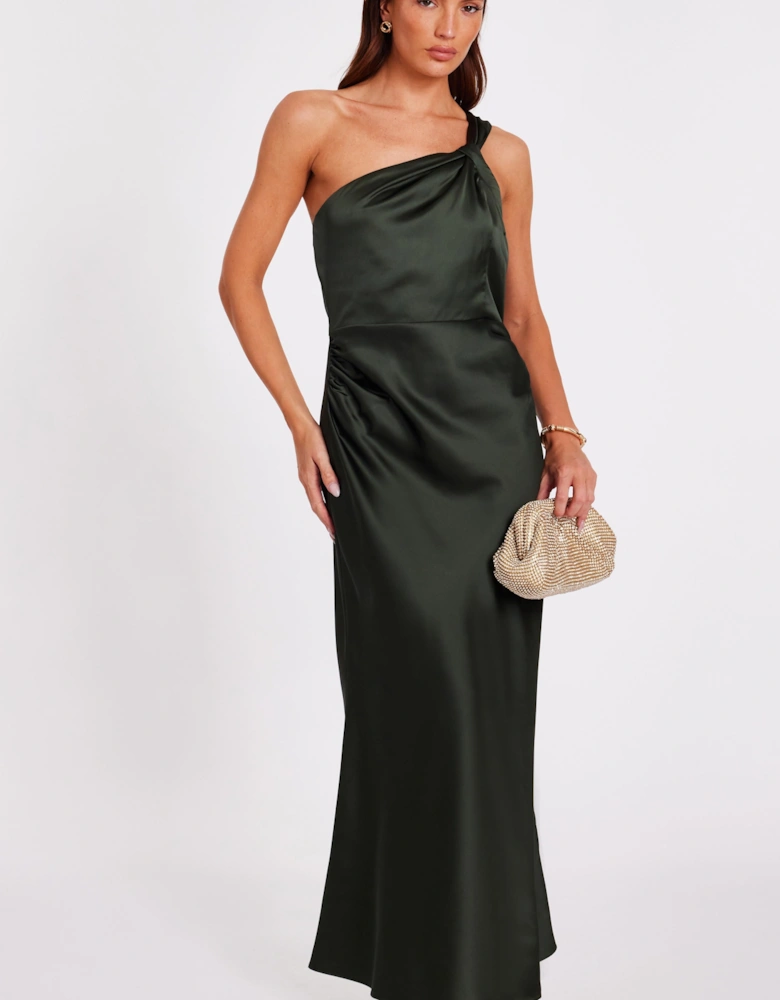 Green Satin One Shoulder Midaxi Dress