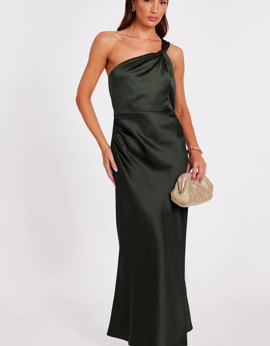 Green Satin One Shoulder Midaxi Dress, 2 of 1