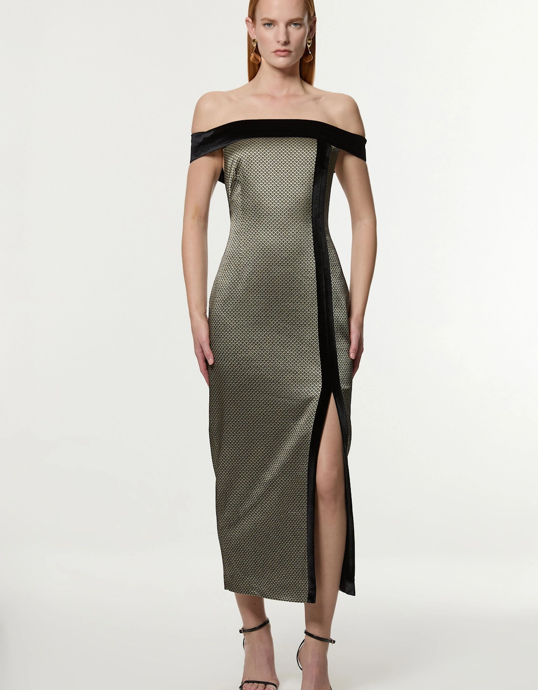 Petite Geo Jacquard Velvet Mix Tailored Bardot Midi Dress, 2 of 1