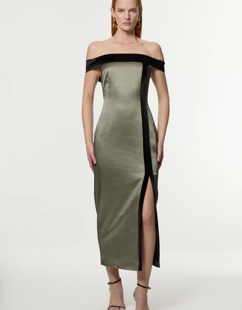 Geo Jacquard Velvet Mix Tailored Bardot Midi Dress