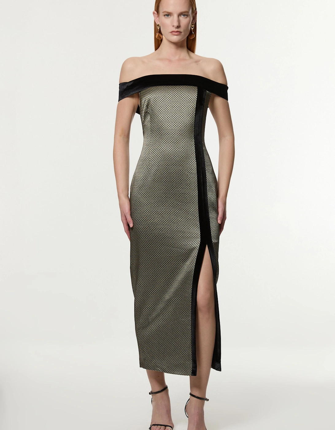 Geo Jacquard Velvet Mix Tailored Bardot Midi Dress, 2 of 1