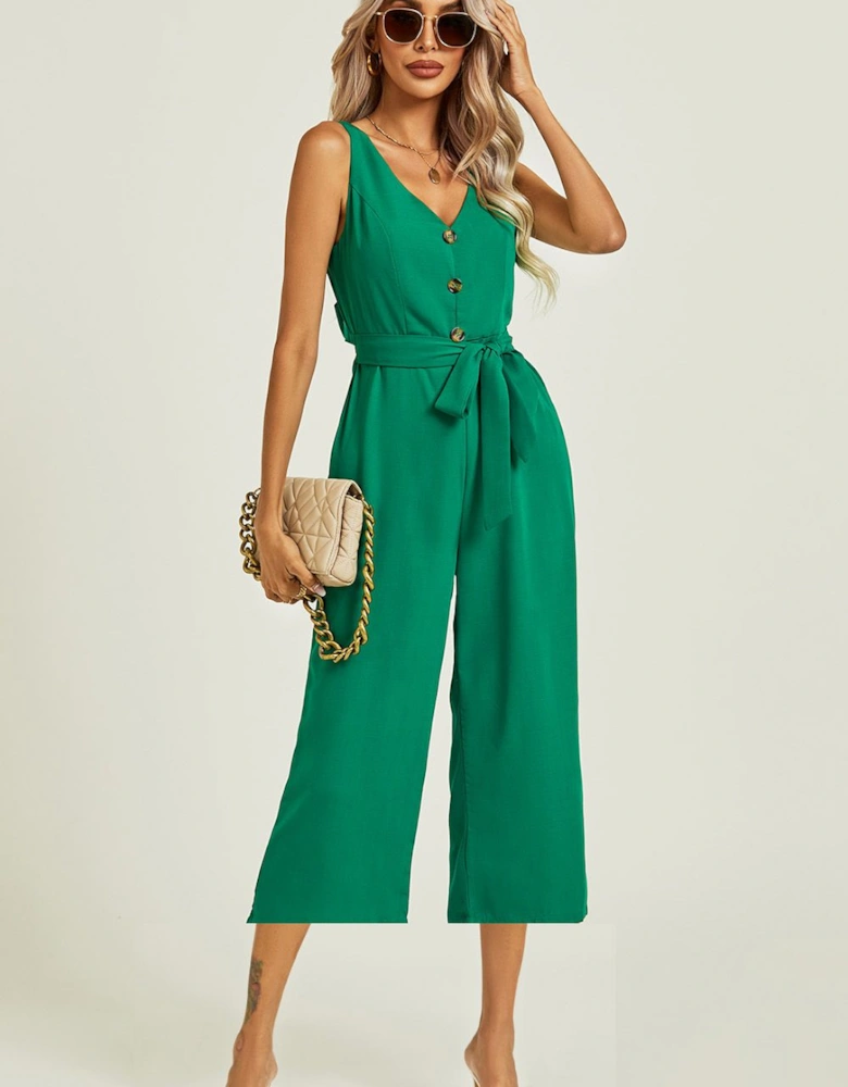 V Neck Cut Detail Jumpsuit In Green