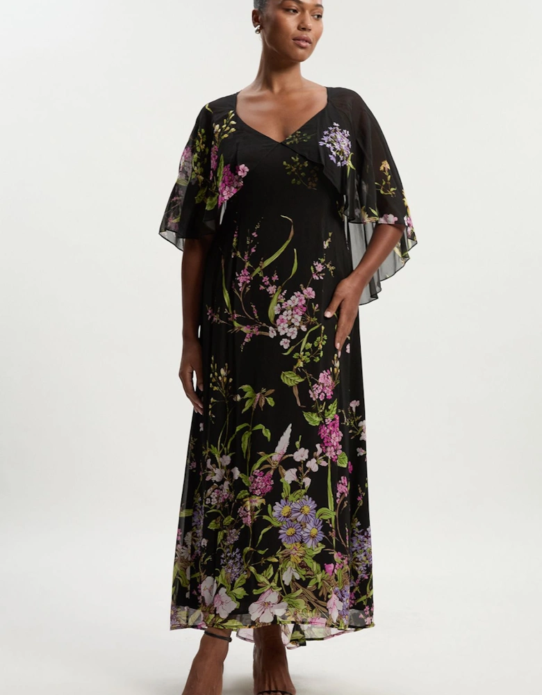 Plus Size Floral Border Print Viscose Woven Cape Sleeve Maxi Dress