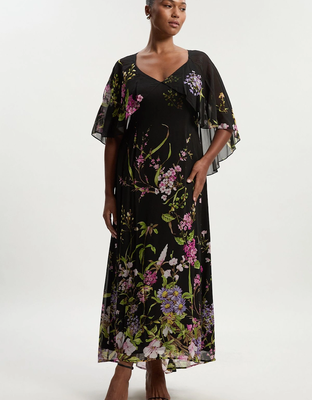 Plus Size Floral Border Print Viscose Woven Cape Sleeve Maxi Dress, 2 of 1