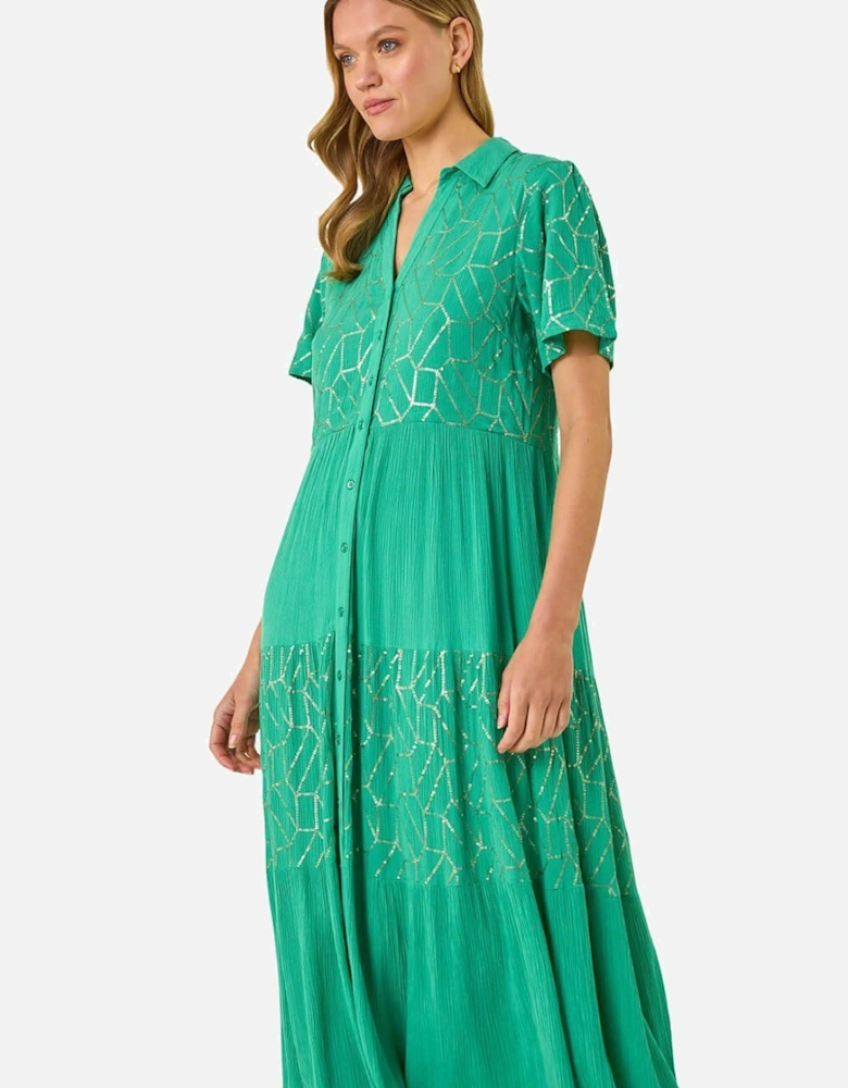 Foil Print V-Neck Button Midi Dress