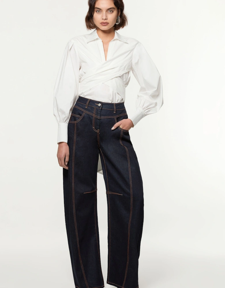 Petite Denim Contrast Stitch Detail Barrel Leg Jean