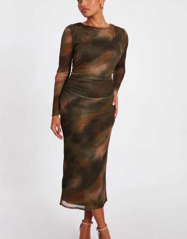 Khaki Petite Printed Long Sleeve Midaxi Dress
