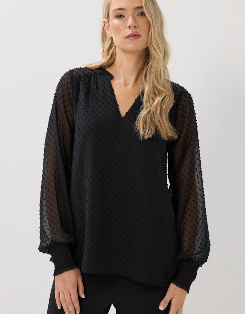 Dobby Spot Shirred Cuff Top