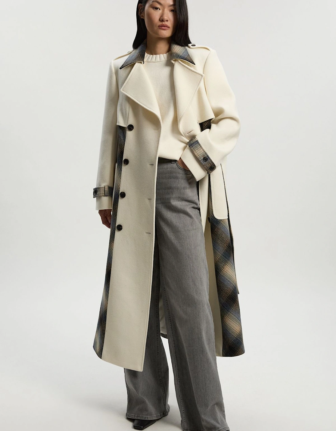 Wool Check Tailored Belted Trench Midi Coat, 2 of 1