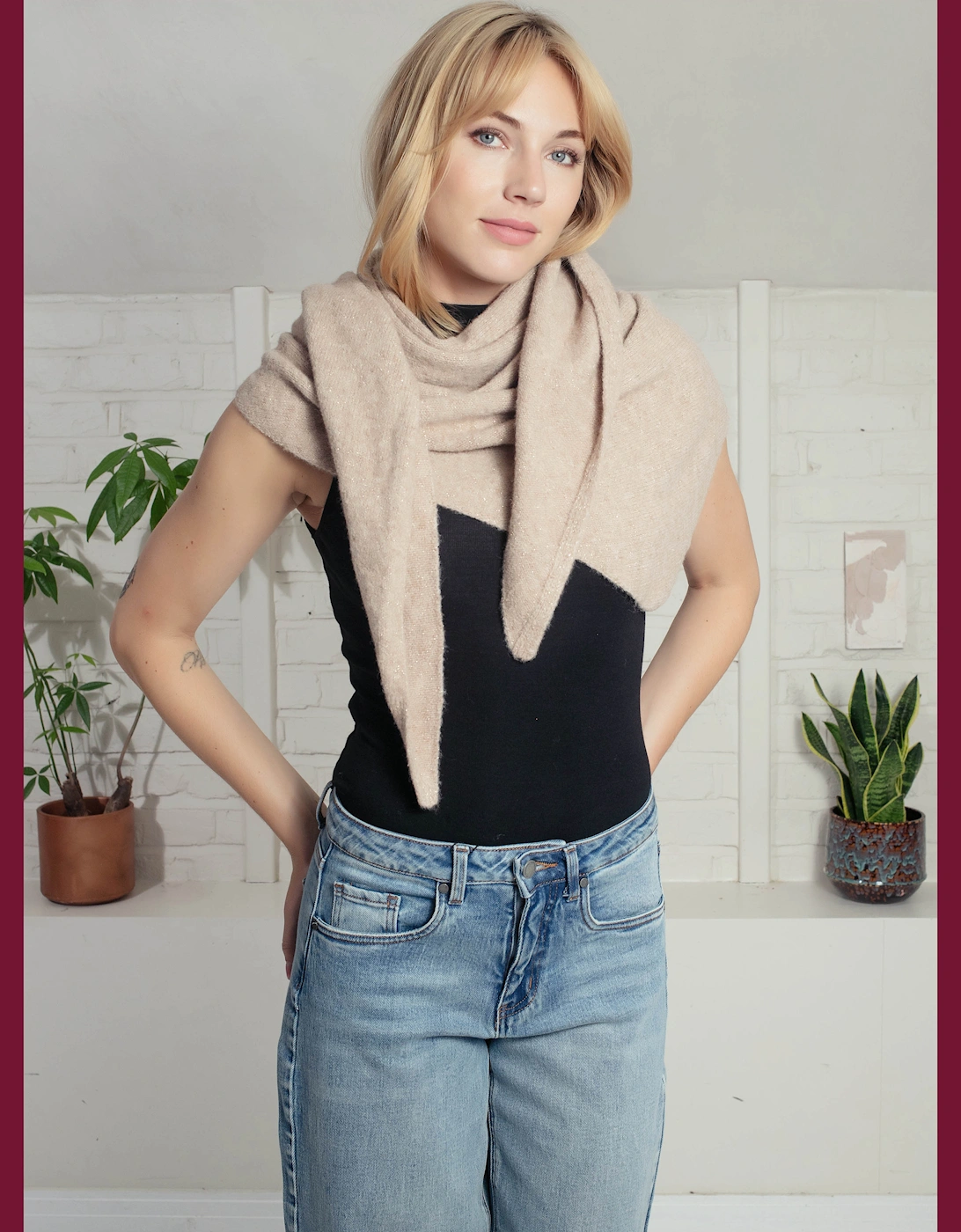 Edwina Knitted Triangle Scarf - Mink, 3 of 2