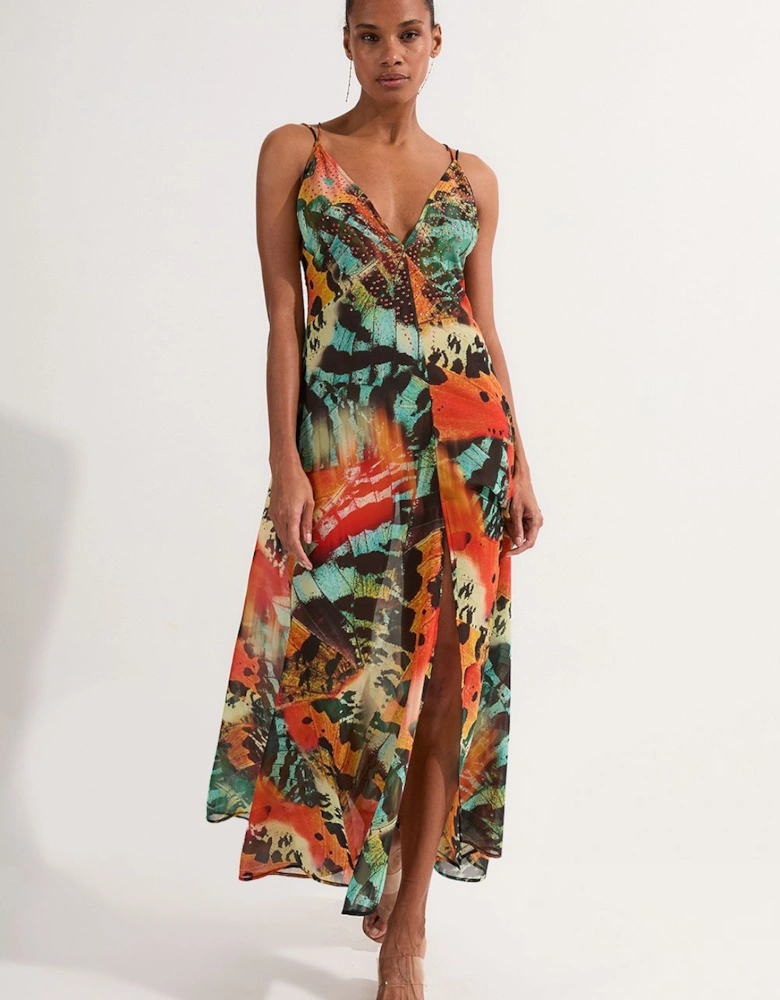 Butterfly Embellished Strappy Georgette Beach Dress