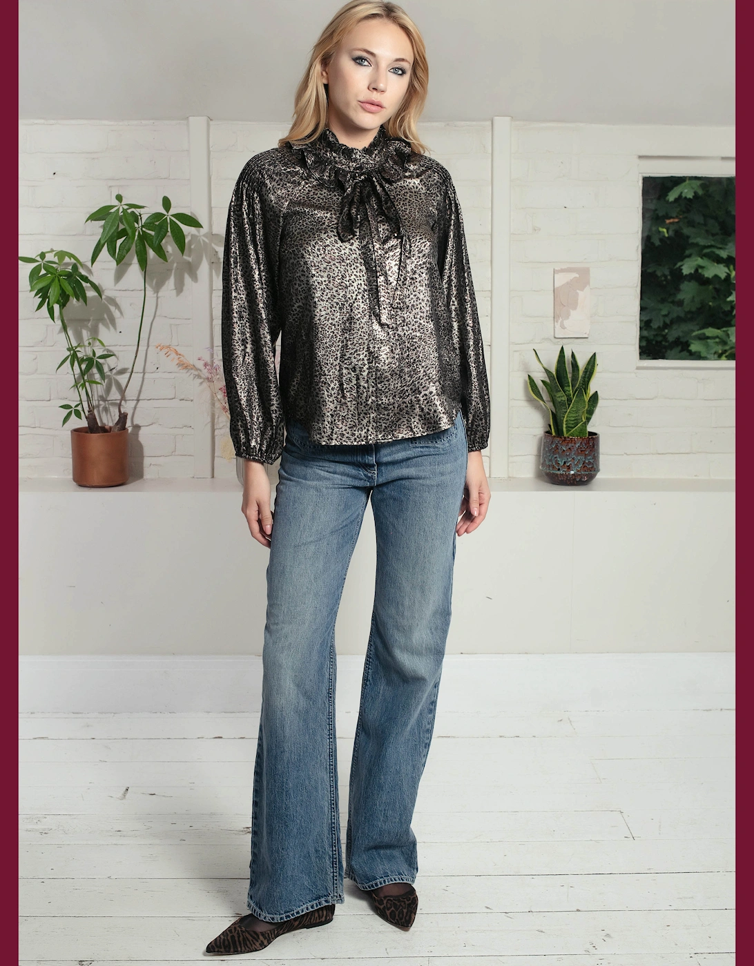 Lydia Lame Blouse In Gold Leopard