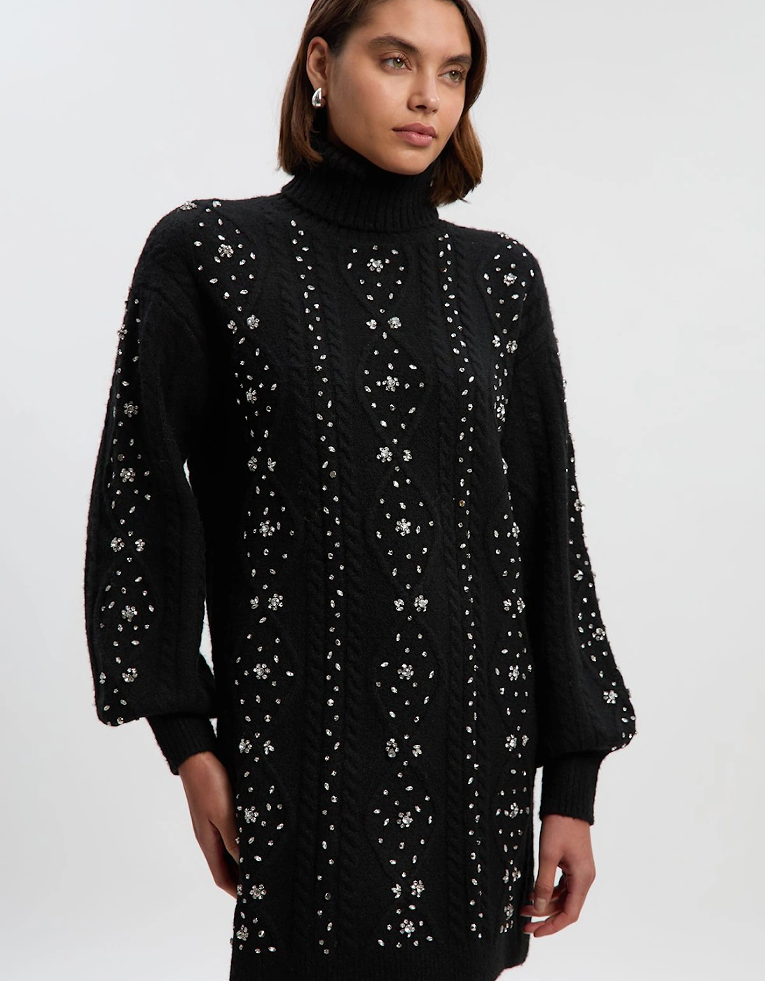 Wool Blend Embellished Cable Knit Jumper Mini Dress, 2 of 1