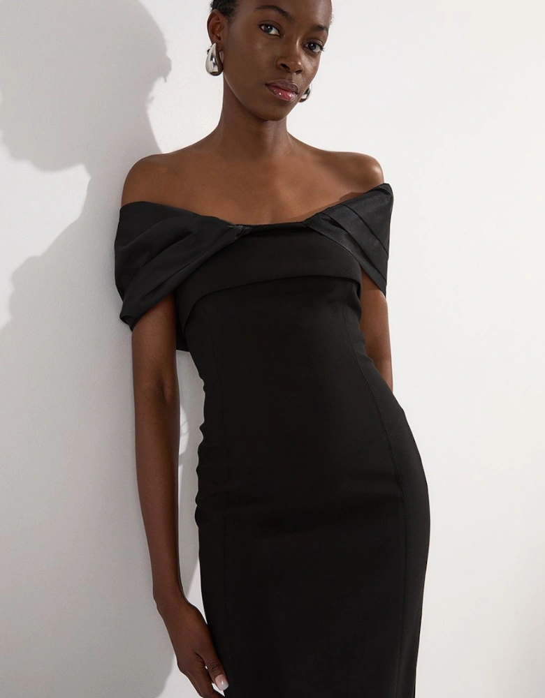 Compact Stretch Taffeta Mix Contrast Drama Sleeve Maxi Dress