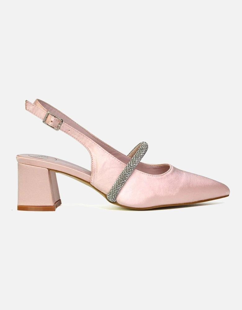 'Sandie' Sling Back Strappy Pointed Toe Diamante Mid Block Heels