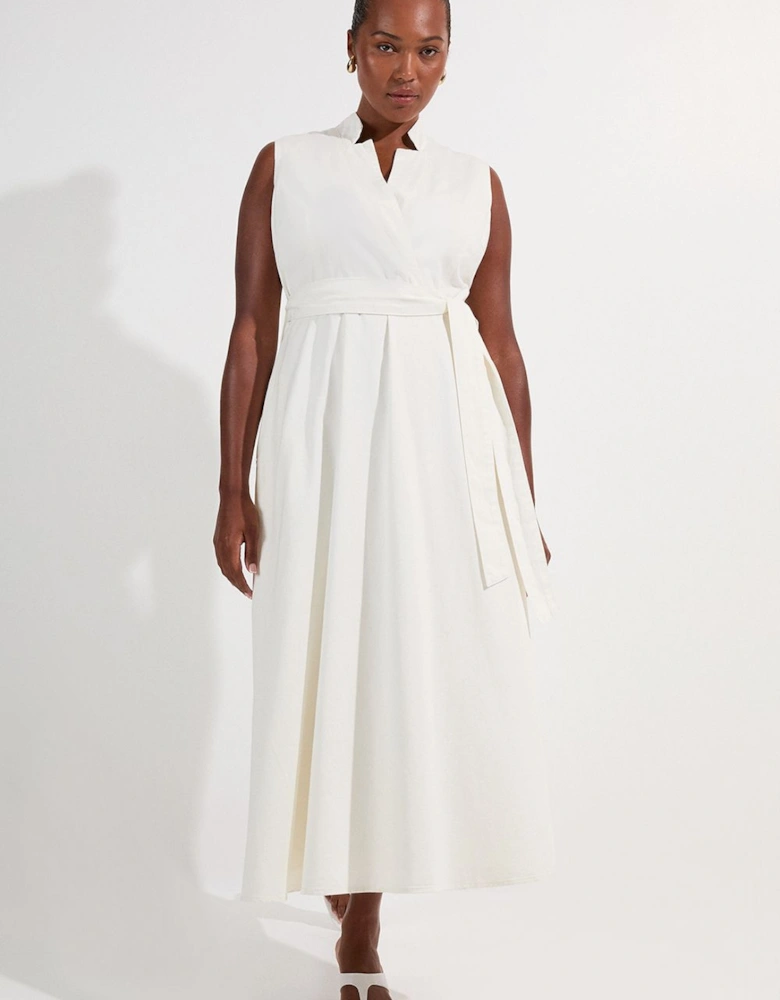 Plus Size Denim Tailored Notch Neck Belted Fluid Midi Dress